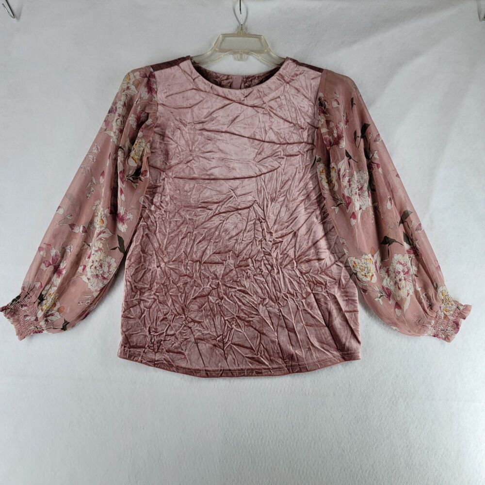 Tru Luxe Jeans Mauve Velvet‎ Floral Long Sleeve Top Mixed Media Romantic Boho XS